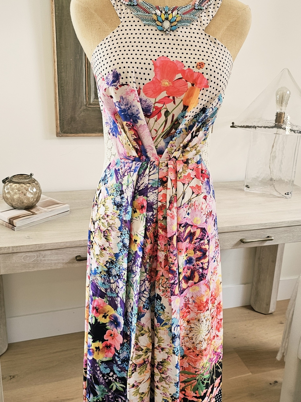 Anthropologie Ranna Gill Multicolor Beaded Lace  Maxi Dress Soze 0